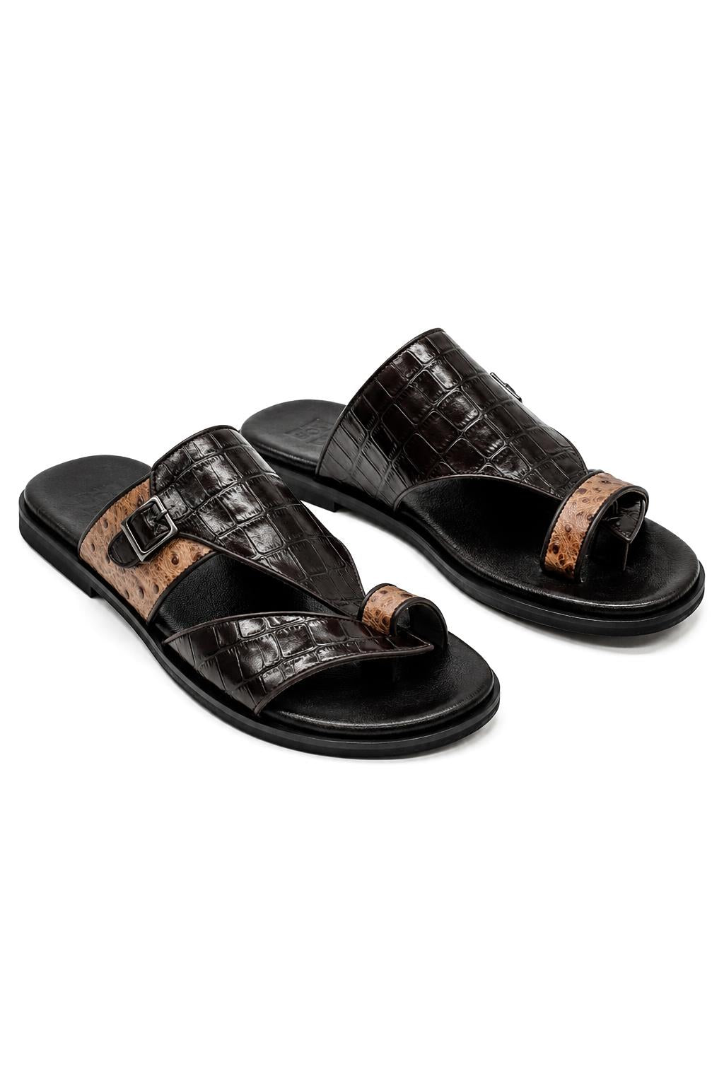 Men's Brown Two-Tone Handmade Real Leather Croc Embossed Sandals