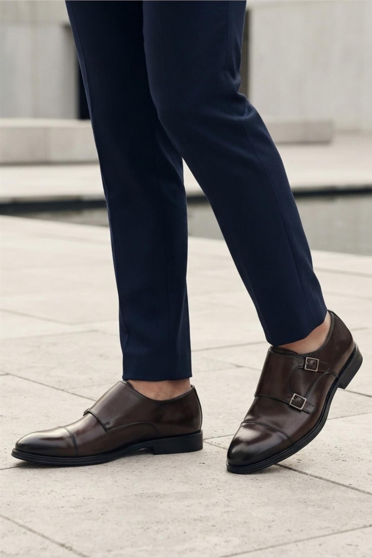 Men's Brown Double Monk Strap Cap Toe Formal Shoes