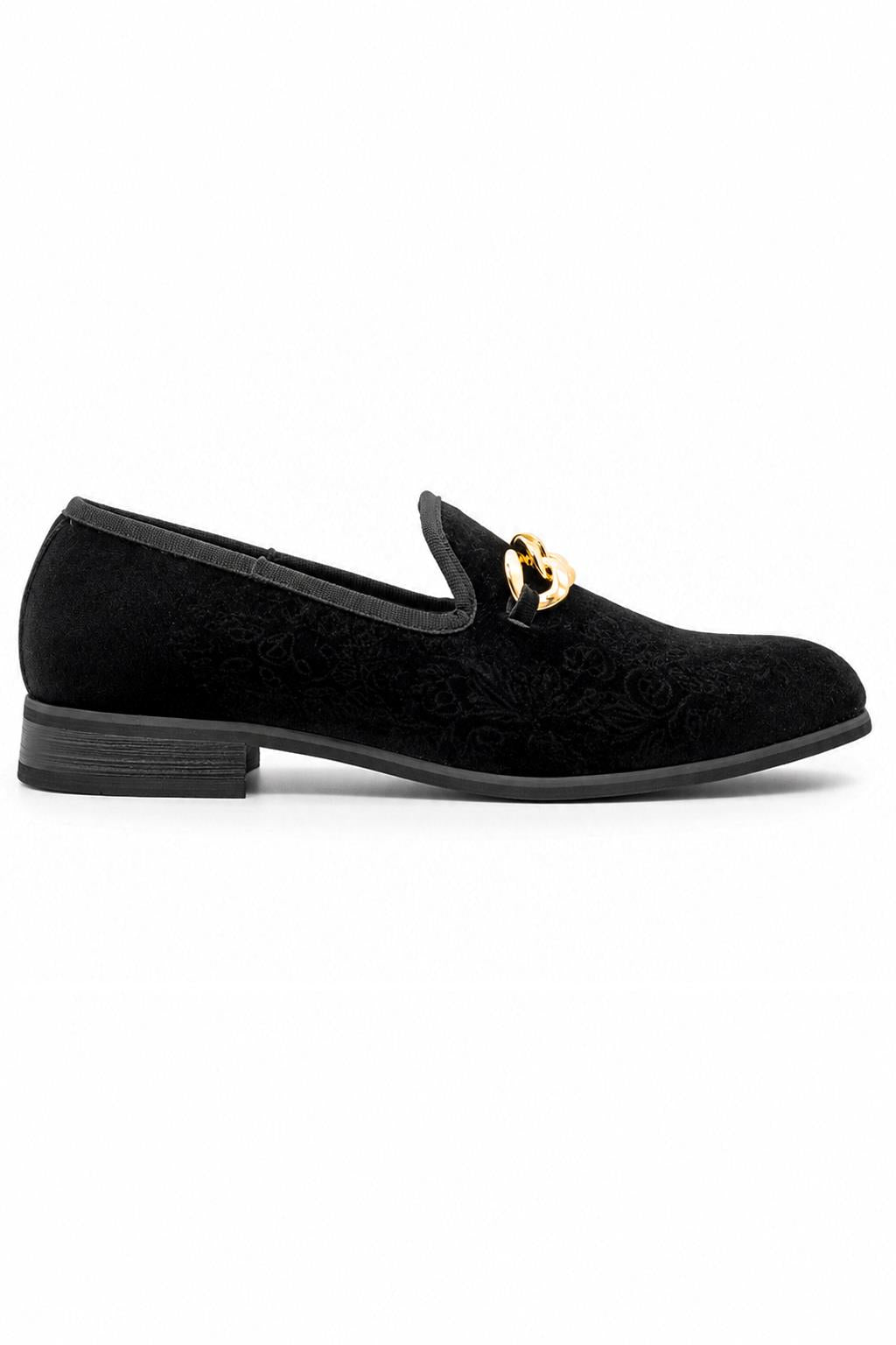 Men's Black Floral Velvet Gold Chain Wedding Loafers