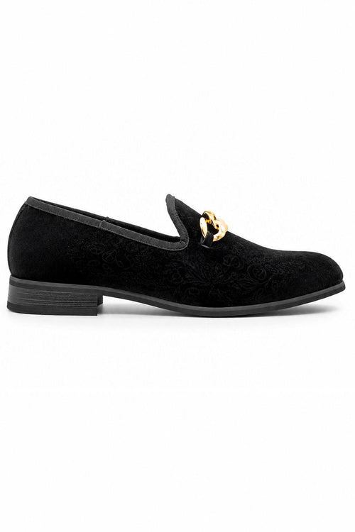 Men's Black Floral Velvet Gold Chain Wedding Loafers