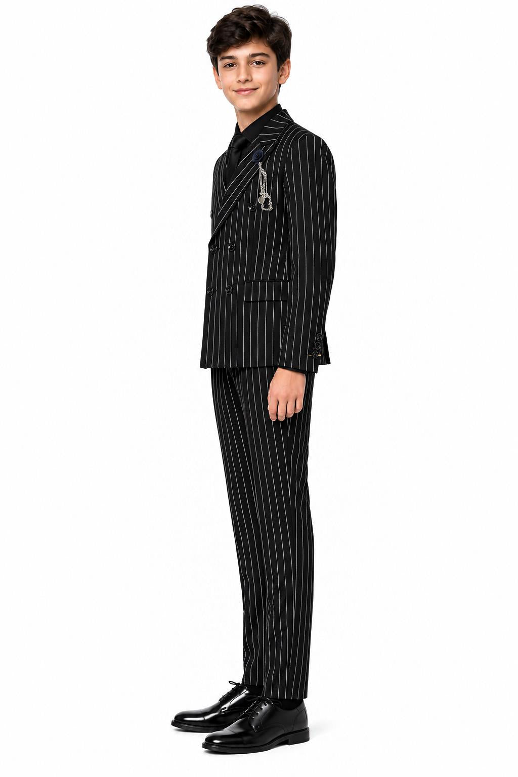 Boys Alfred Black & White Pinstripe Double Breasted 2 Piece Suit with Lapel Pin