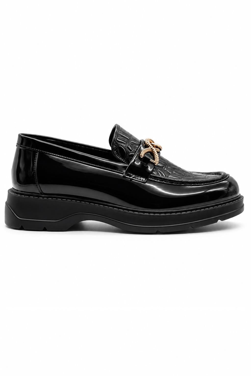 Men's Black Patent Slip-On Loafers Gold Buckle & Chunky Sole