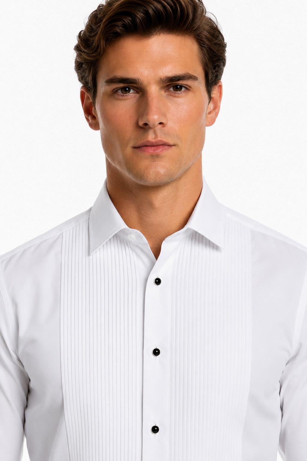 Men's White Pleated Front Tuxedo Shirt with Black Buttons & Pocket Square