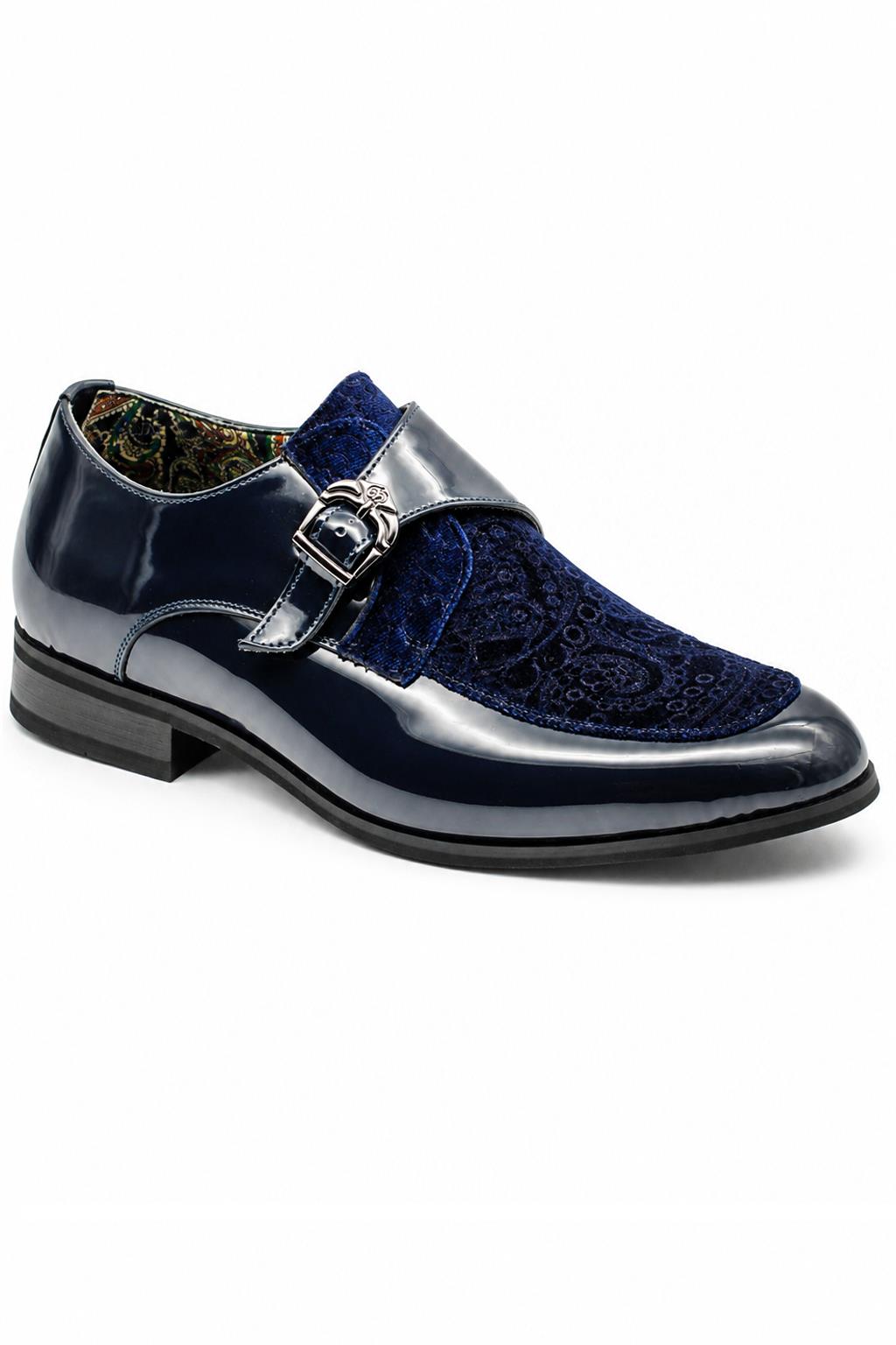 Men's Navy Floral Velvet Monk Strap Dress Shoes