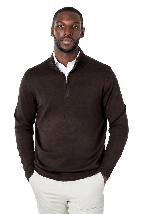 Men's Dark Brown 100% Cotton Fine Knit Quarter Zip Funnel Neck Jumper