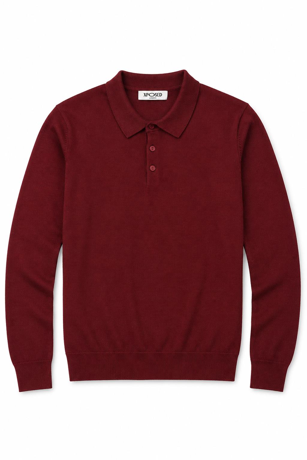 Men's Maroon 100% Cotton Fine Knit Button Neck Polo Jumper