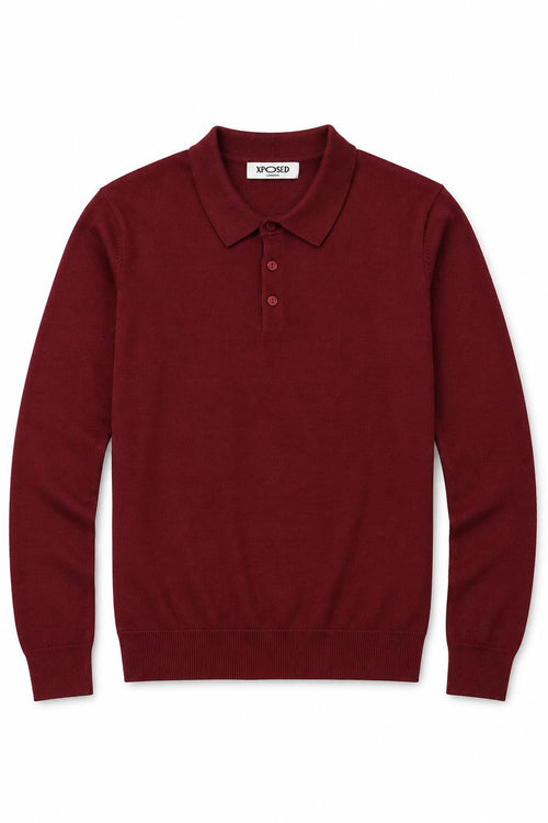 Men's Maroon 100% Cotton Fine Knit Button Neck Polo Jumper