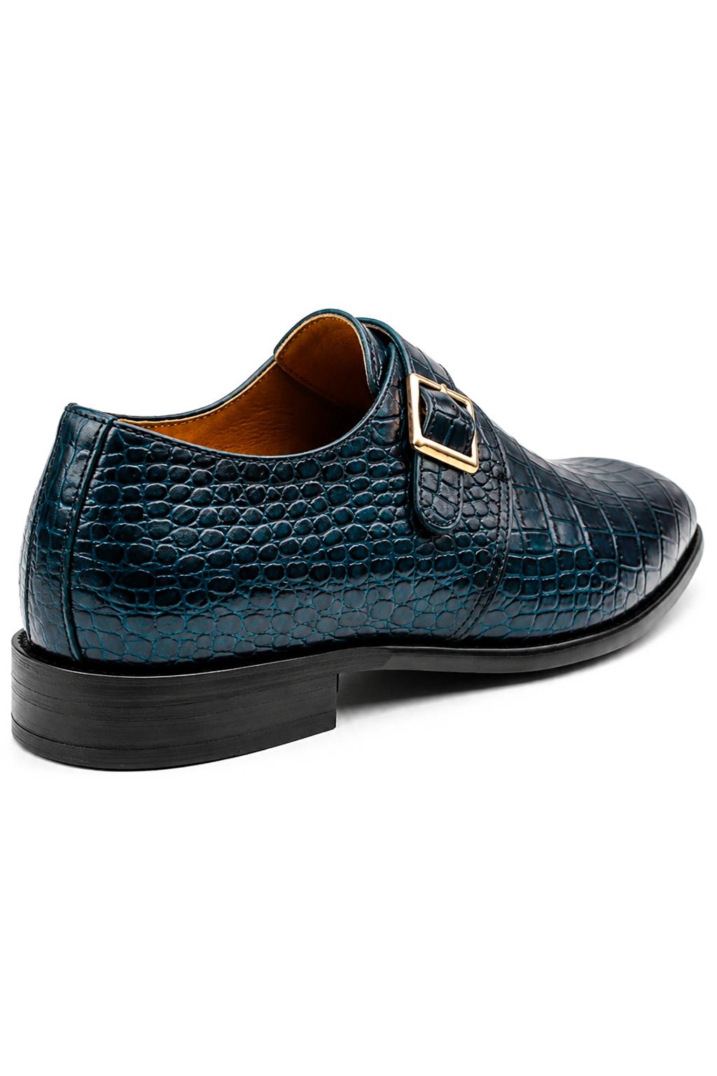 VALE Men’s Dark Blue Croc-Embossed Leather Monk Strap Shoes