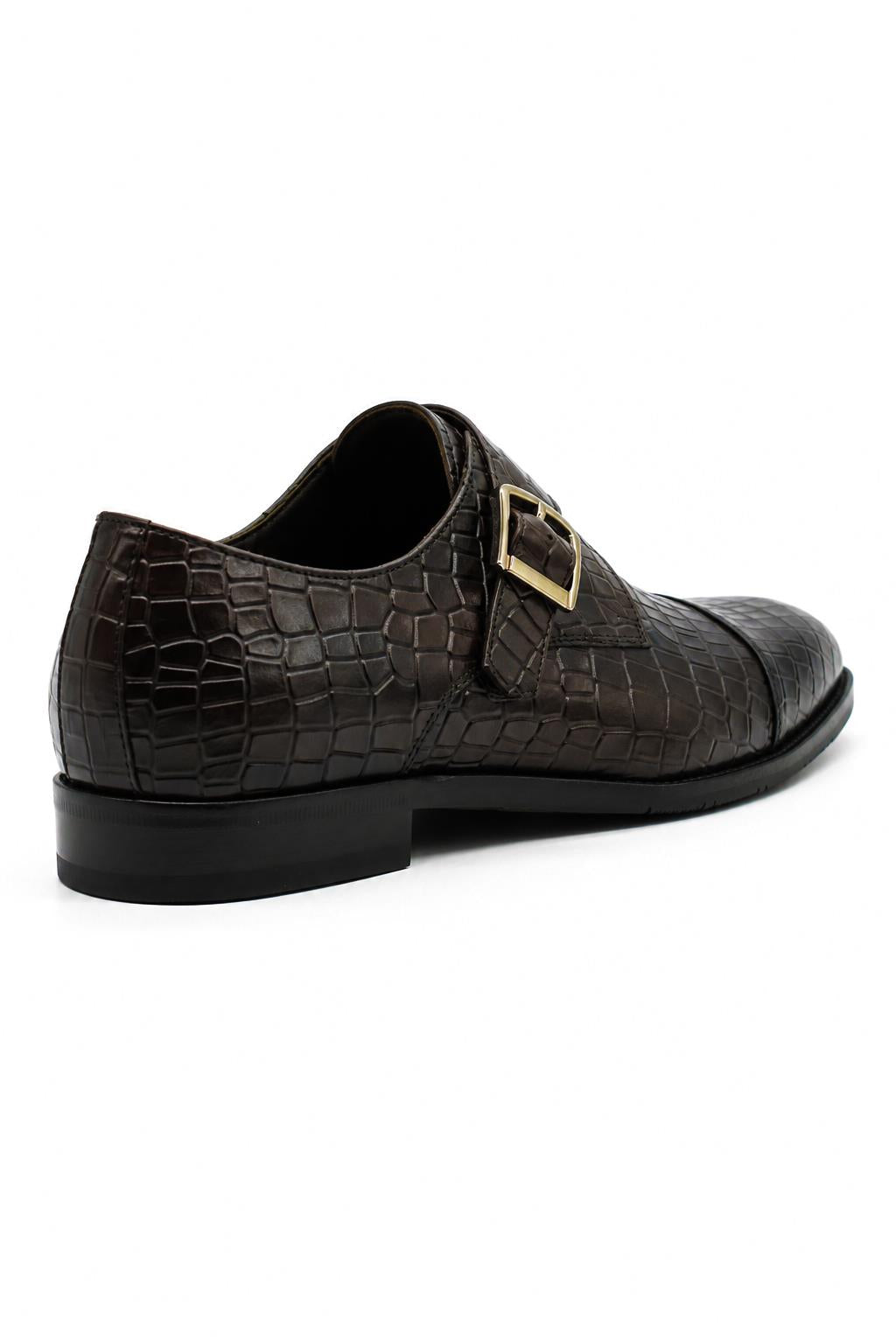 ELAN - Men's Coffee Brown Croc Embossed Leather Single Monk Strap Shoes