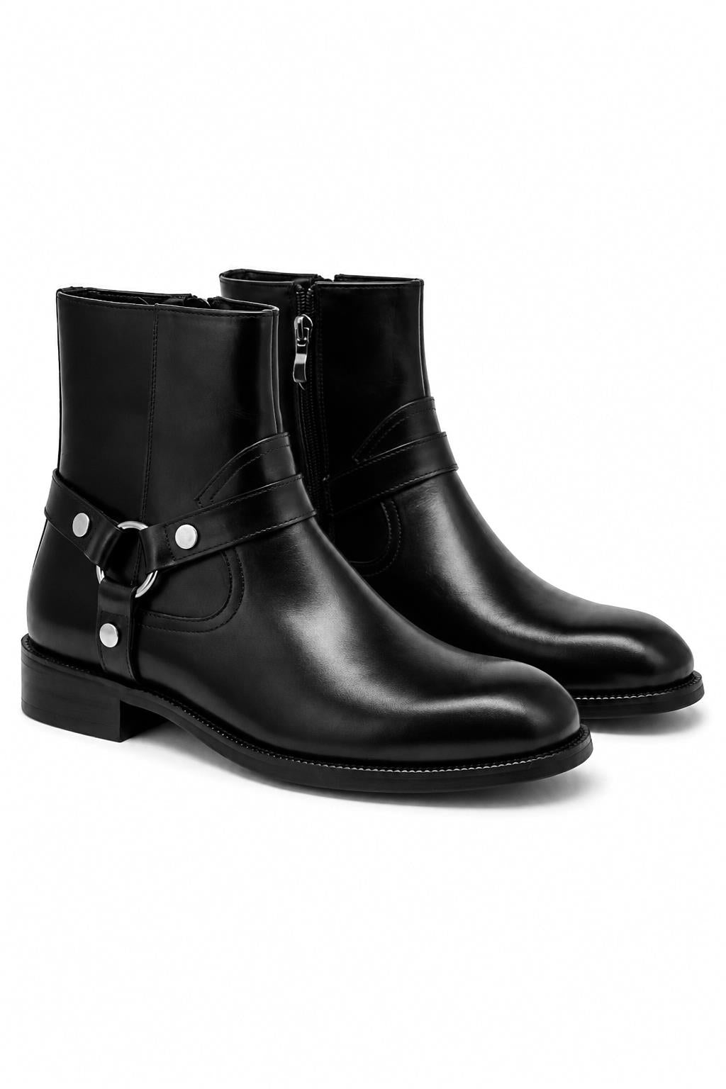 DIEGO Men’s Black Polished Leather Side Zip Ankle Biker Boots