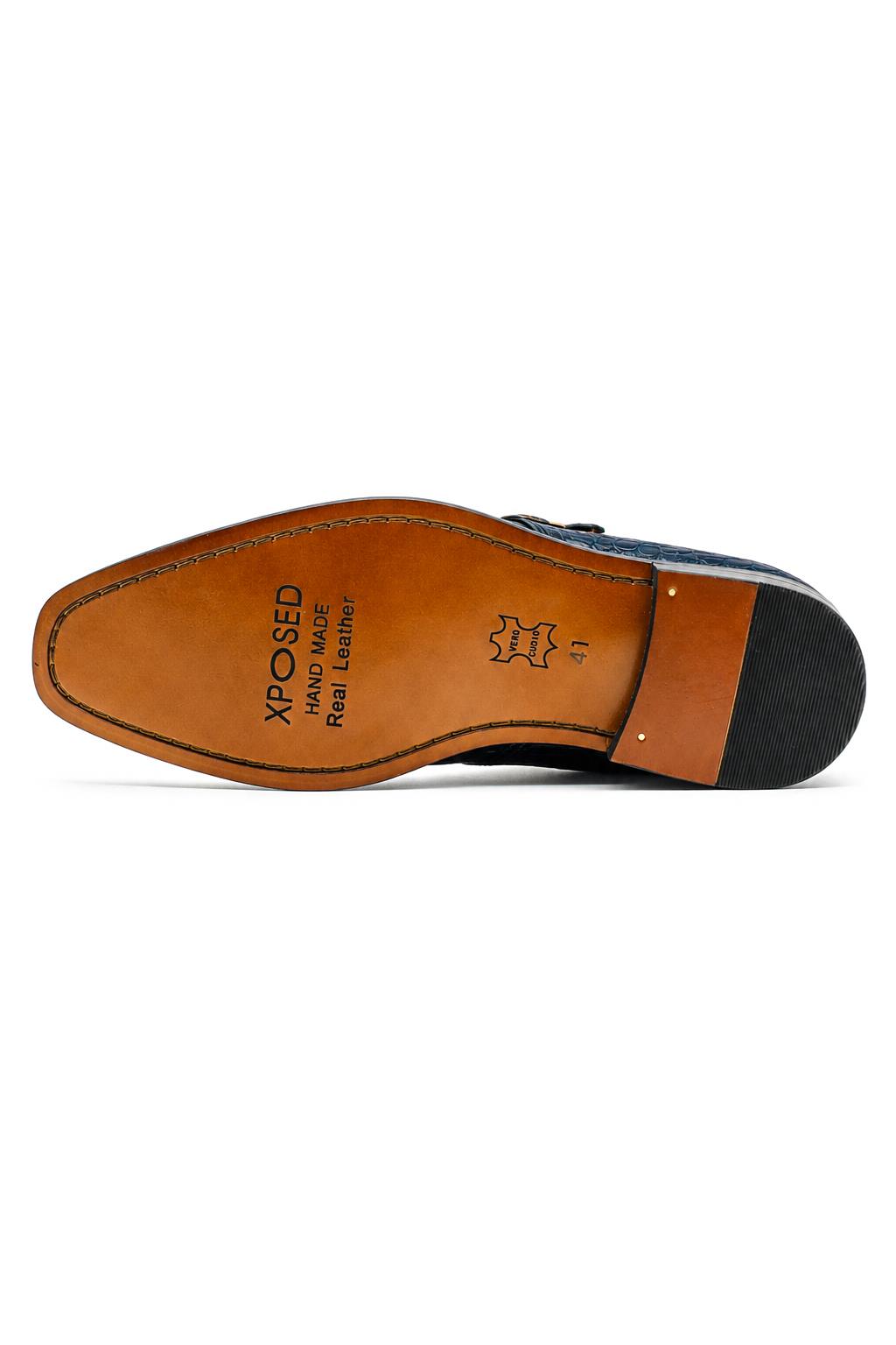 VALE Men’s Dark Blue Croc-Embossed Leather Monk Strap Shoes