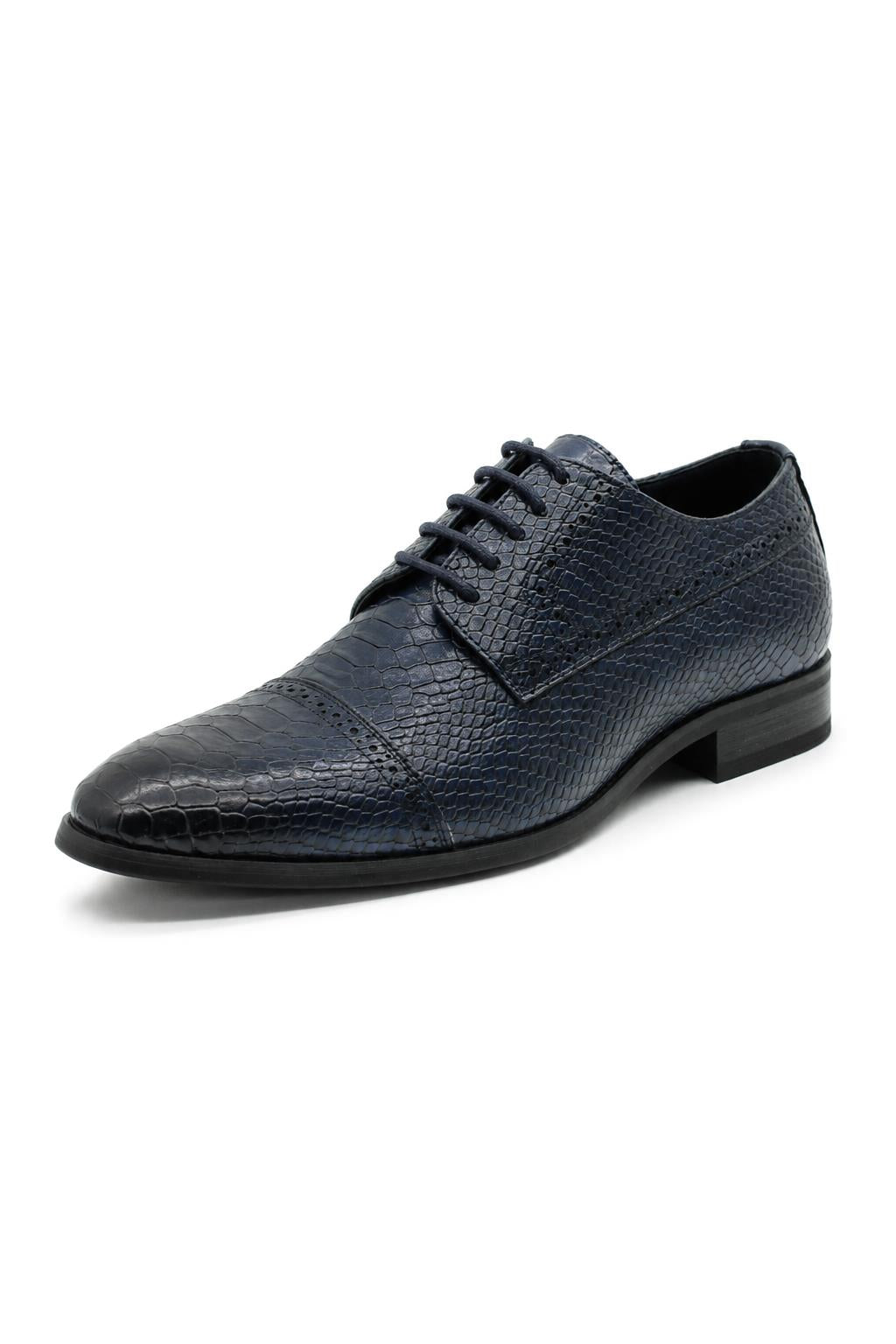 Men's Navy Embossed Faux Leather Lace up Derby Shoes