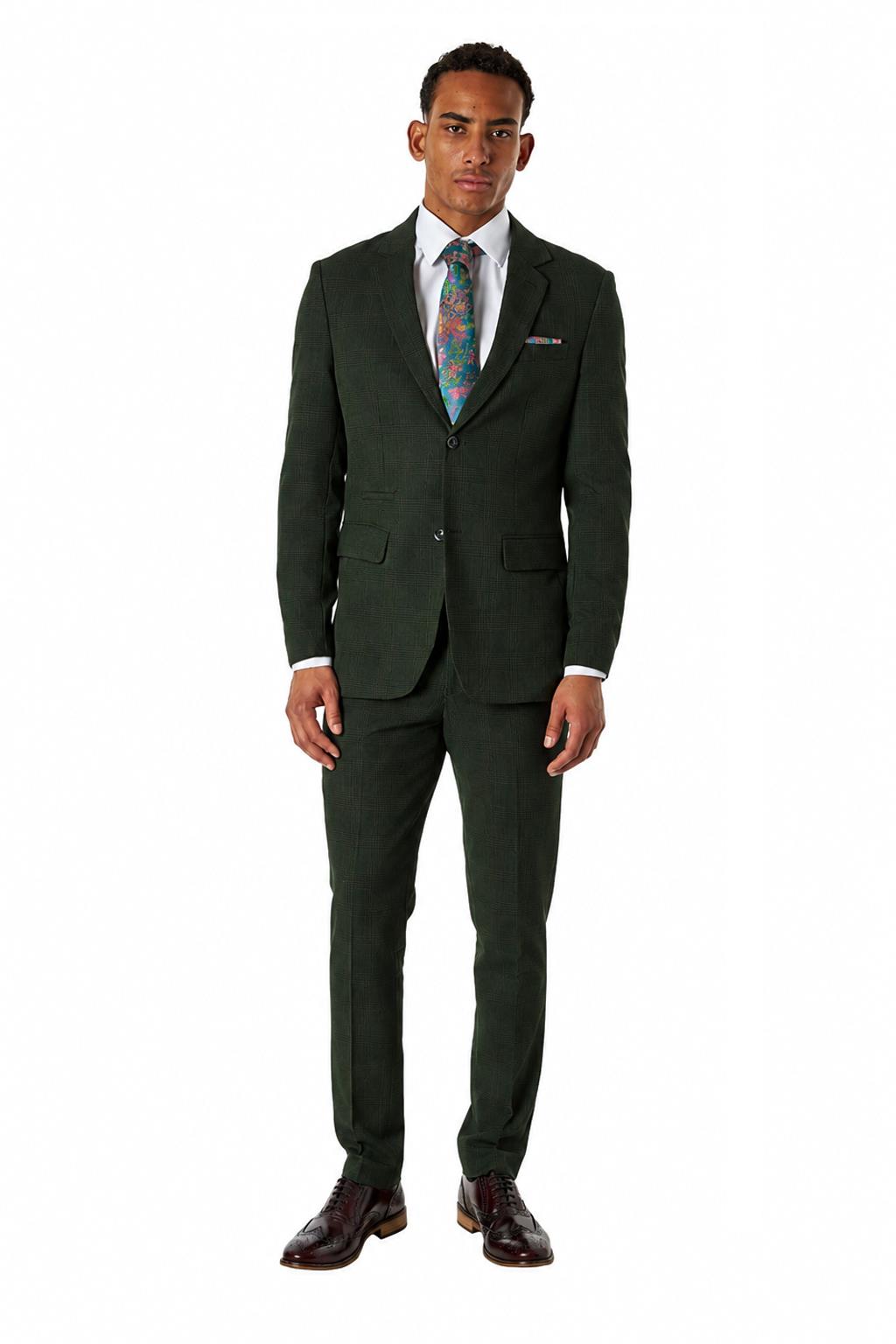 Finley - Men's Olive Green Prince of Wales Check Tailored Suit Jacket