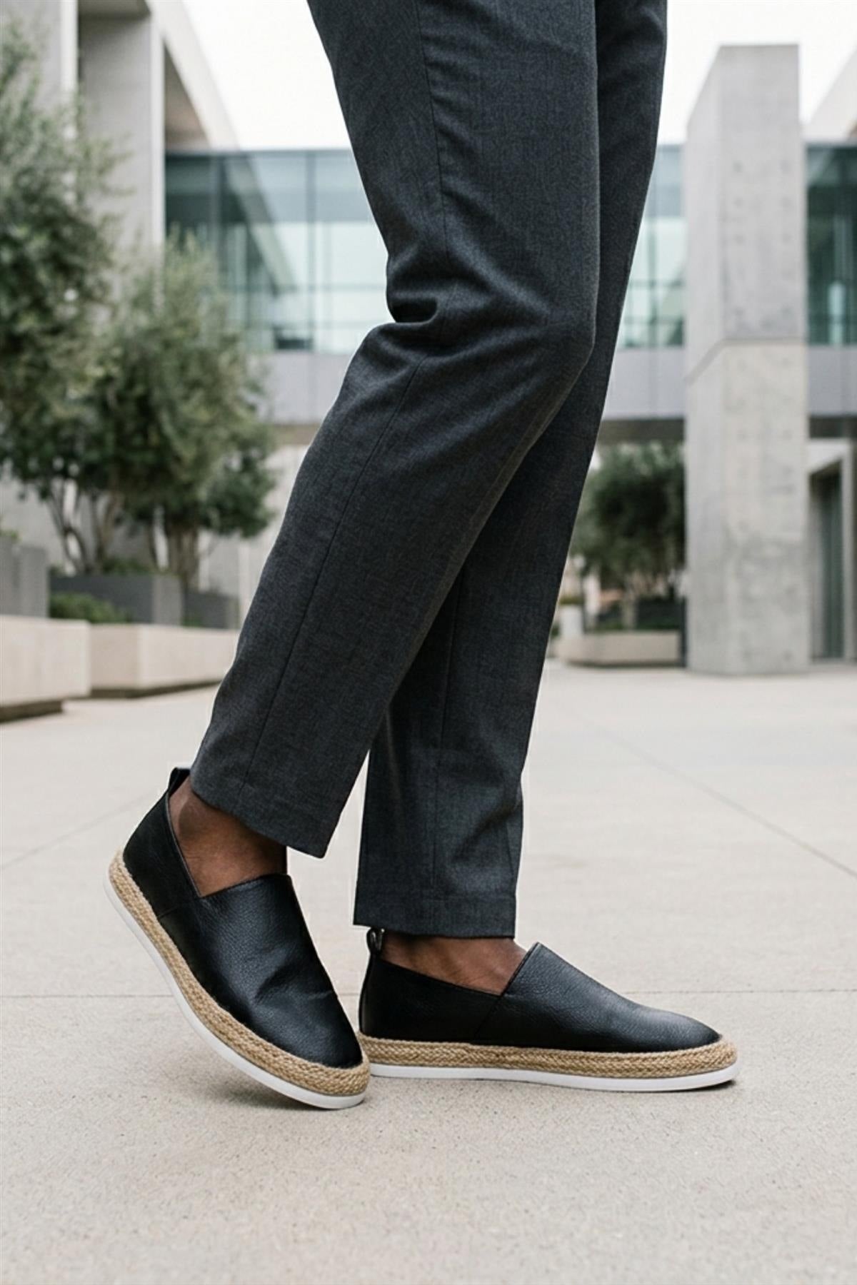 Men’s Black Faux Leather Slip-On Espadrille Shoes