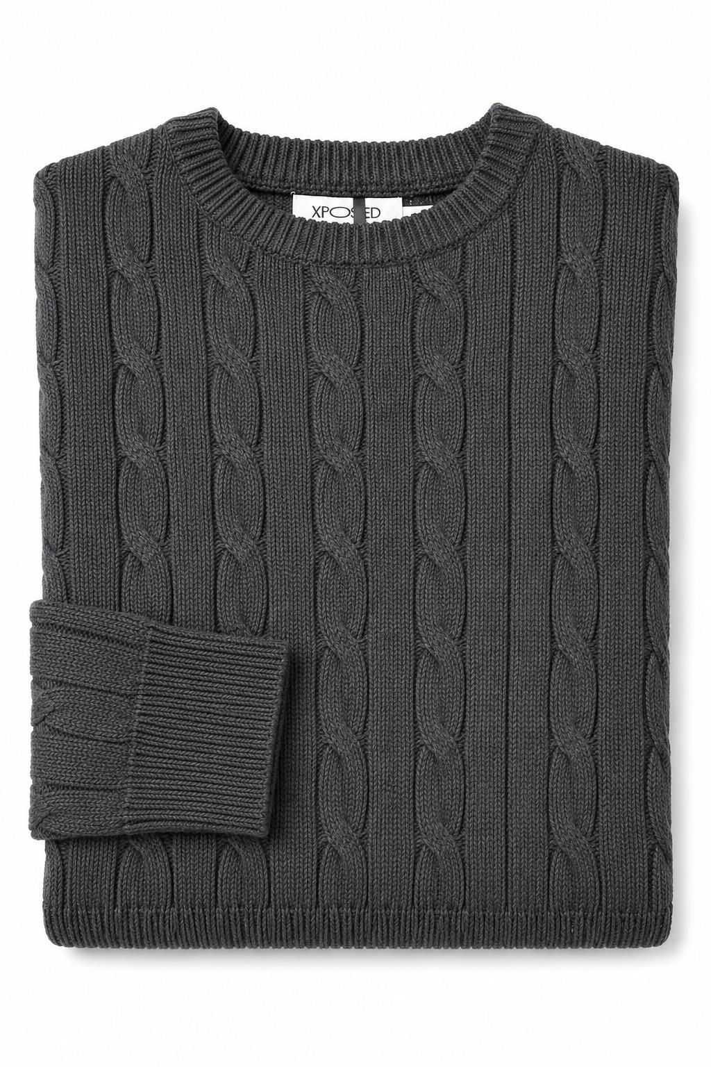 Men's Charcoal Grey 100% Cotton Fine Cable Knit Crew Neck Jumper