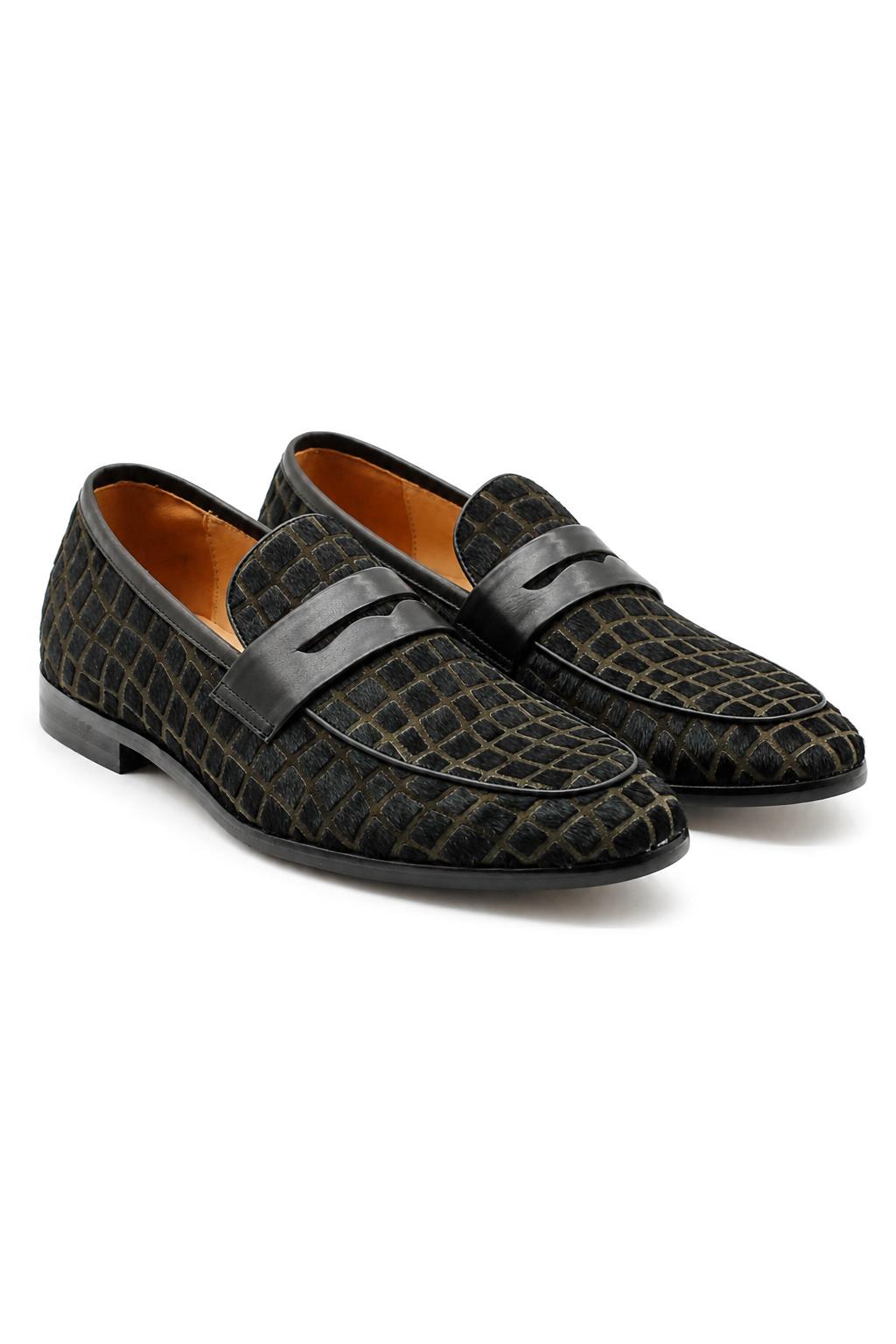 GINO Men’s Black Patterned Horsehair Leather Penny Loafers