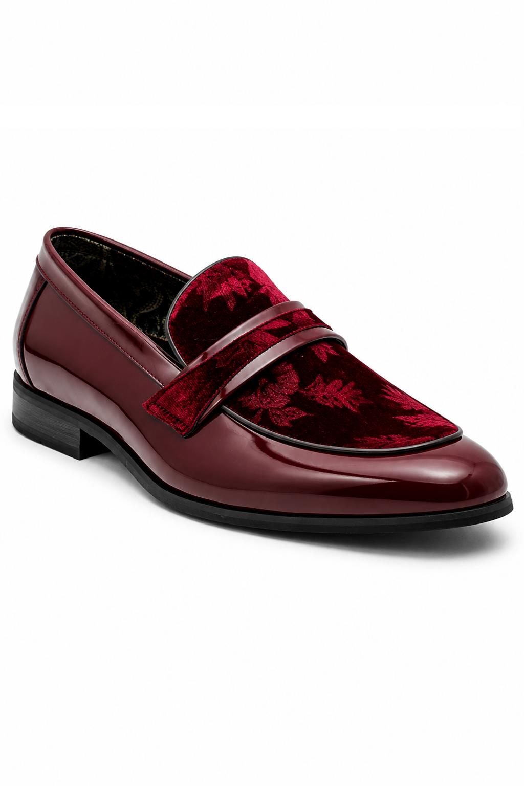 Men's Maroon Floral Velvet Patent Dress Loafers