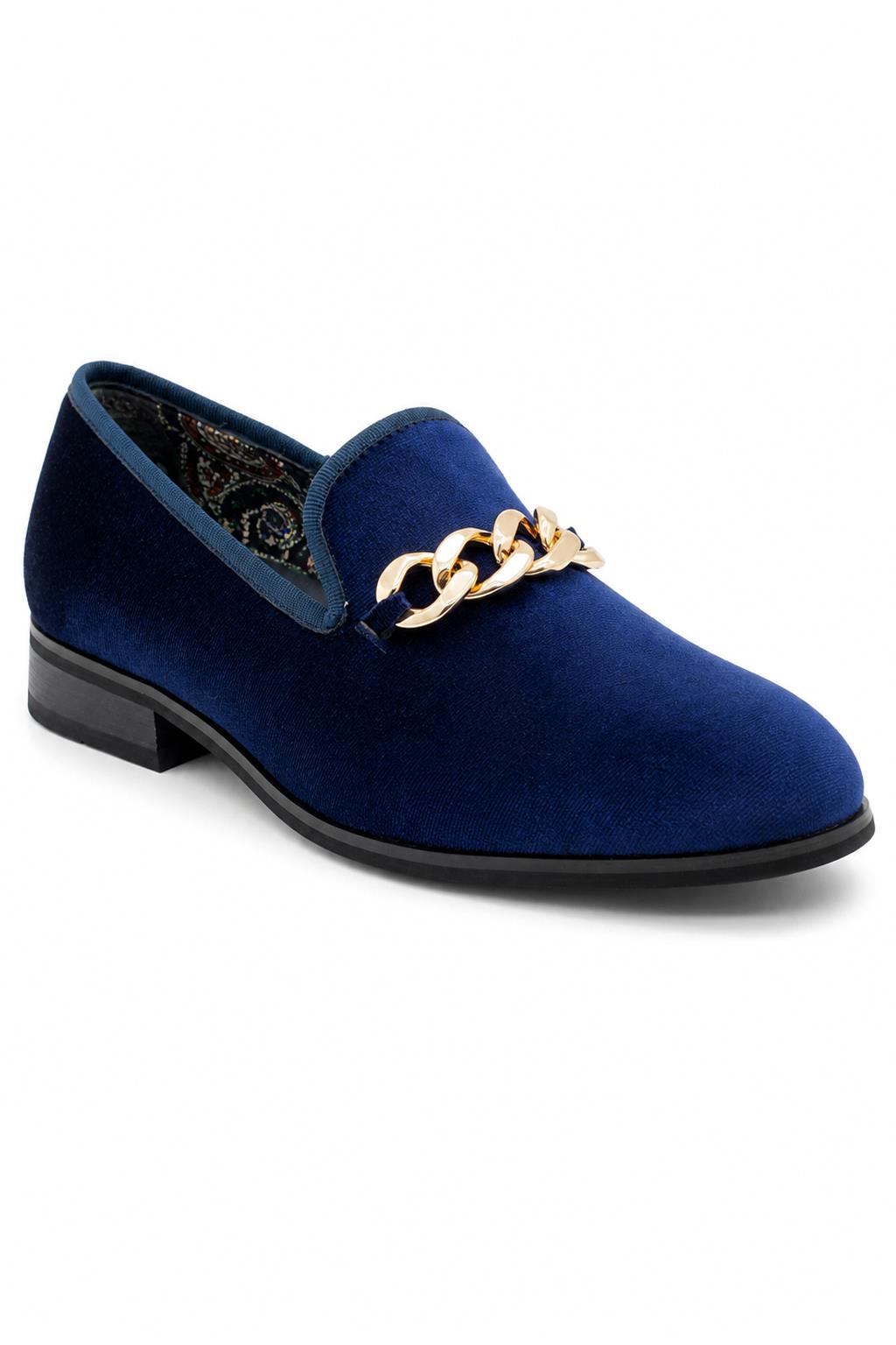 Men's Navy Smooth Velvet Gold Chain Dress Loafers