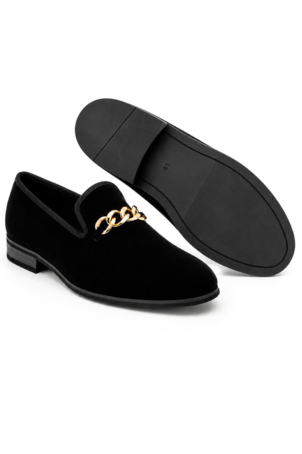 Men's Black Smooth Velvet Gold Chain Dress Loafers