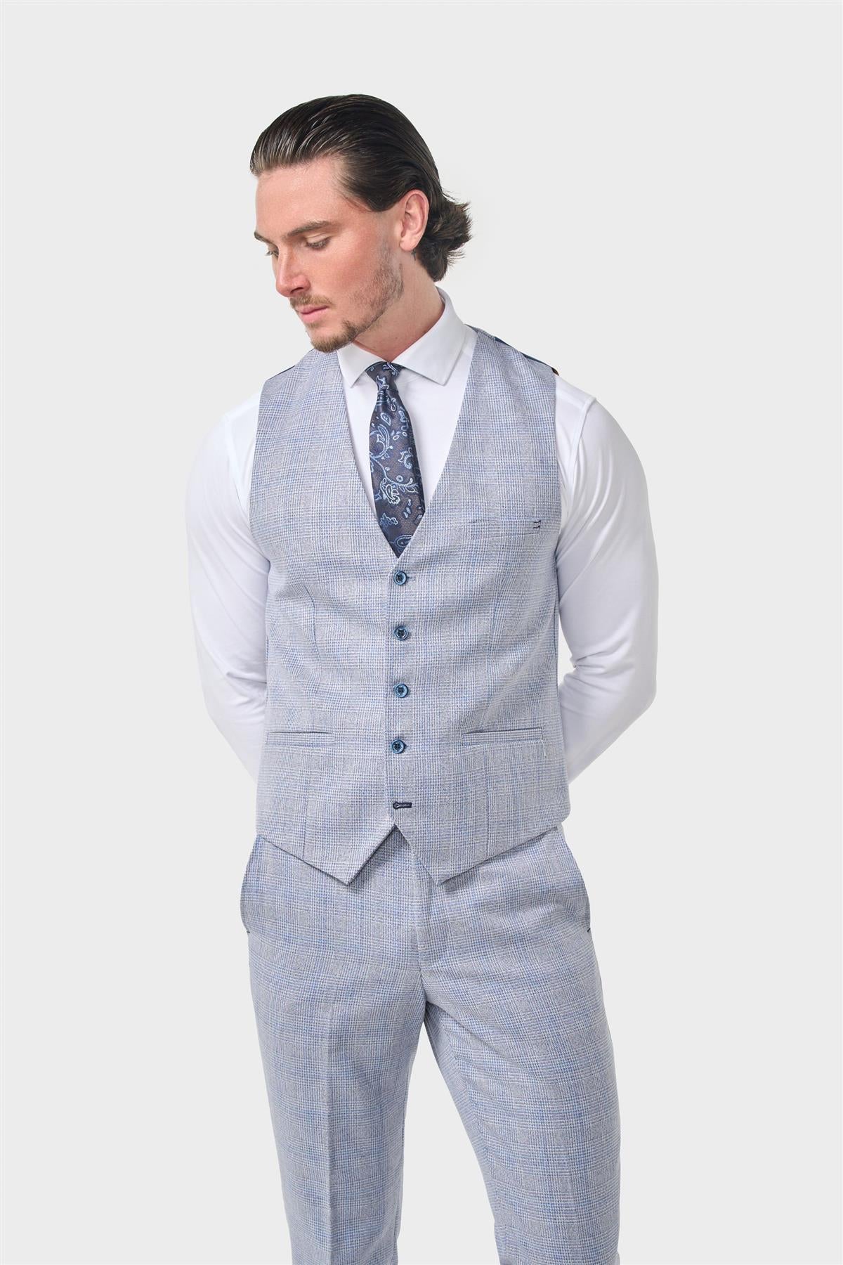 MENS CARIDI SKY BLUE TAILORED FIT THREE PIECE SUIT