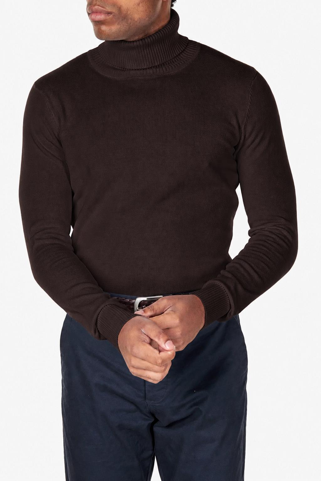Men's Dark Brown 100% Cotton Fine Knit Roll Neck Jumper