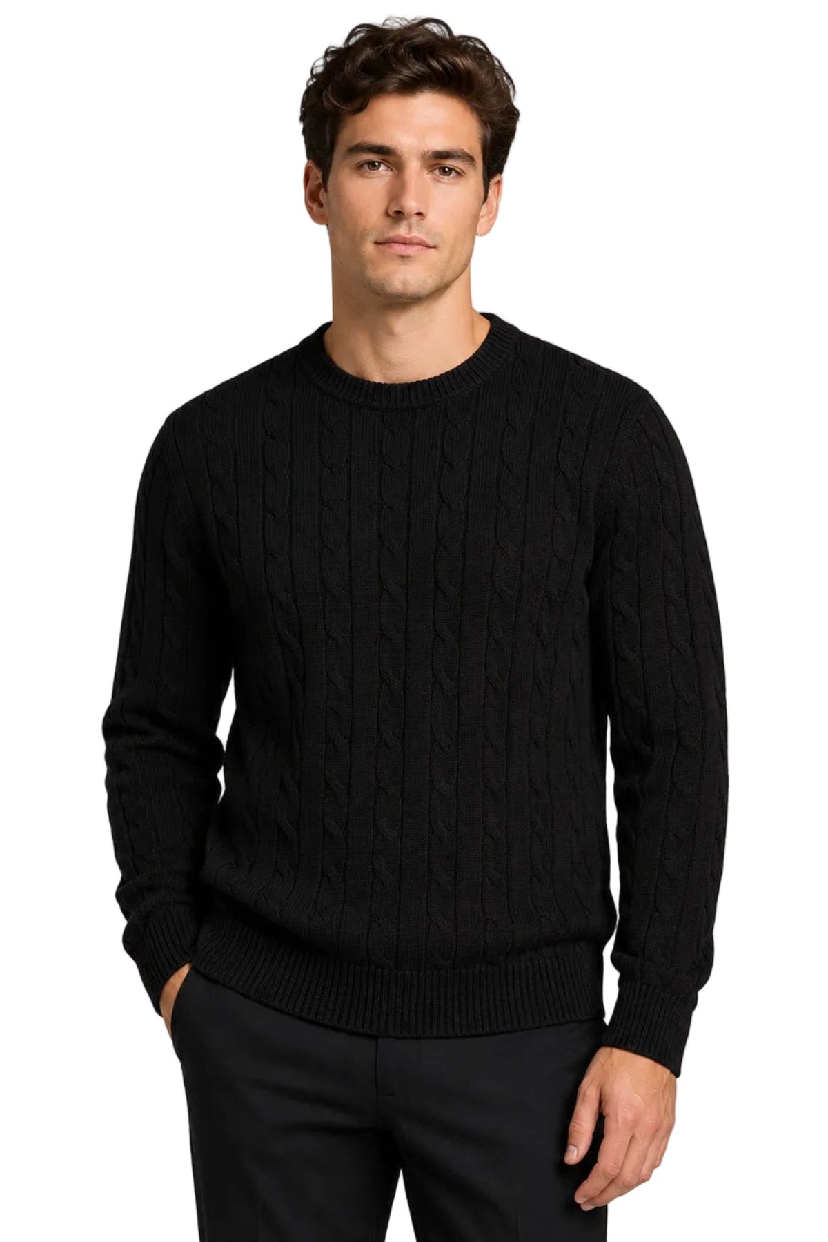 Men's Black 100% Cotton Fine Cable Knit Crew Neck Jumper