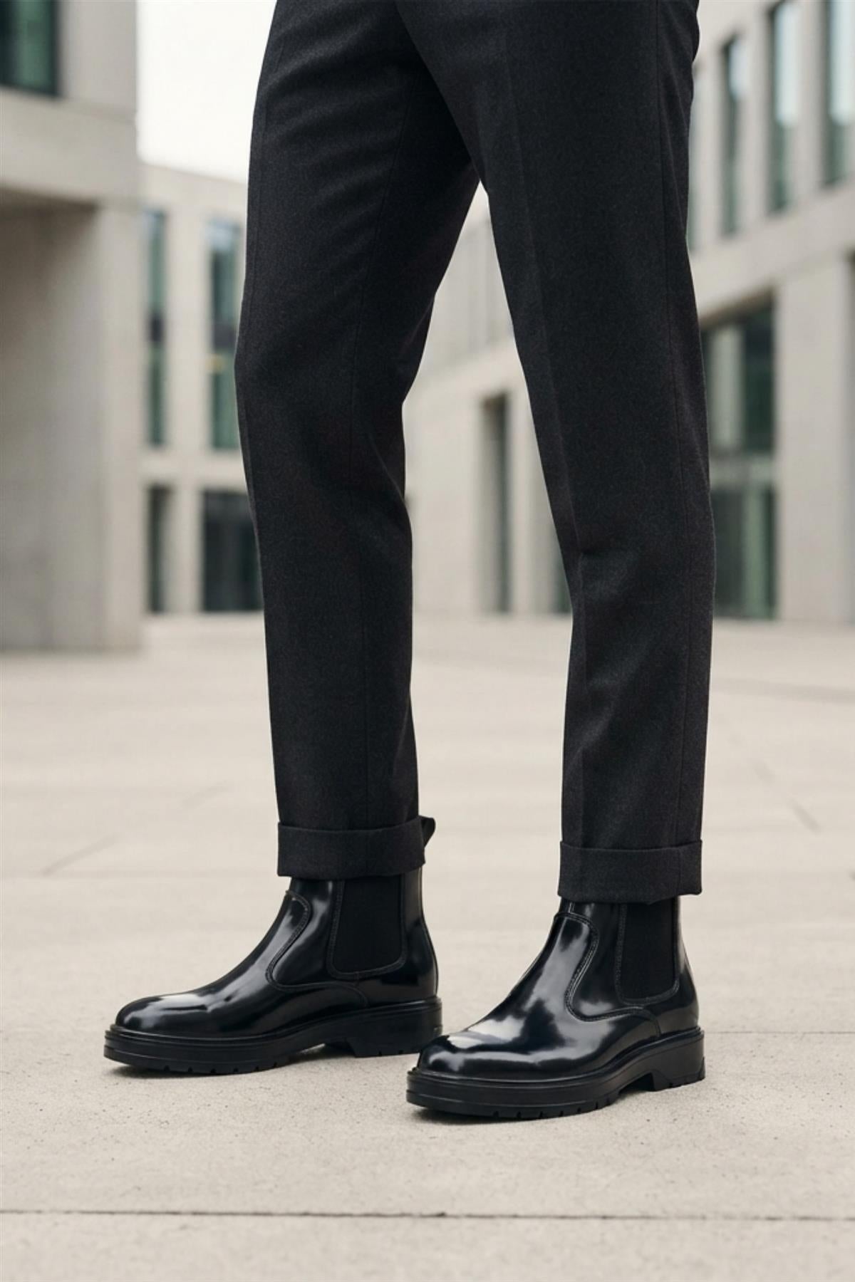 Men's Black Patent Faux Leather Retro Chelsea Boots Lug Sole