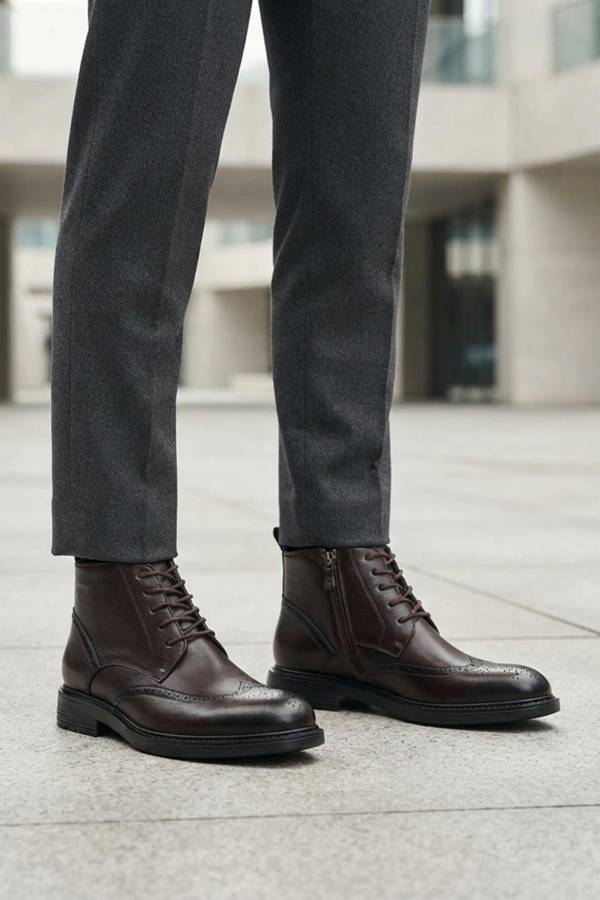 Men's Dark Brown Faux Leather Wingtip Brogue Boots