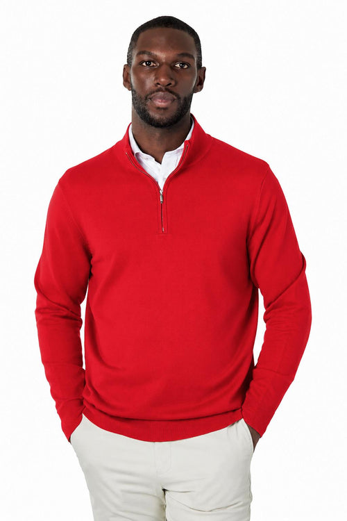 Men's Red 100% Cotton Fine Knit Quarter Zip Funnel Neck Jumper