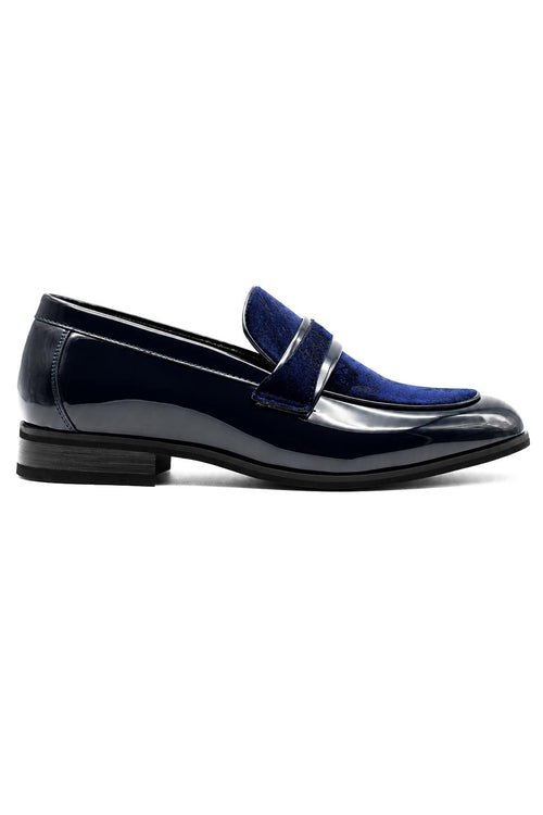 Men's Navy Floral Velvet Patent Dress Loafers