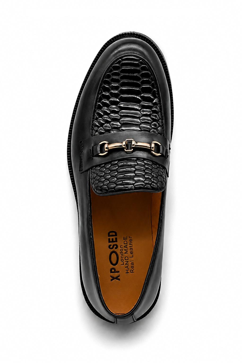 ASCOT Men’s Black Snake-Effect Leather Snaffle Loafers