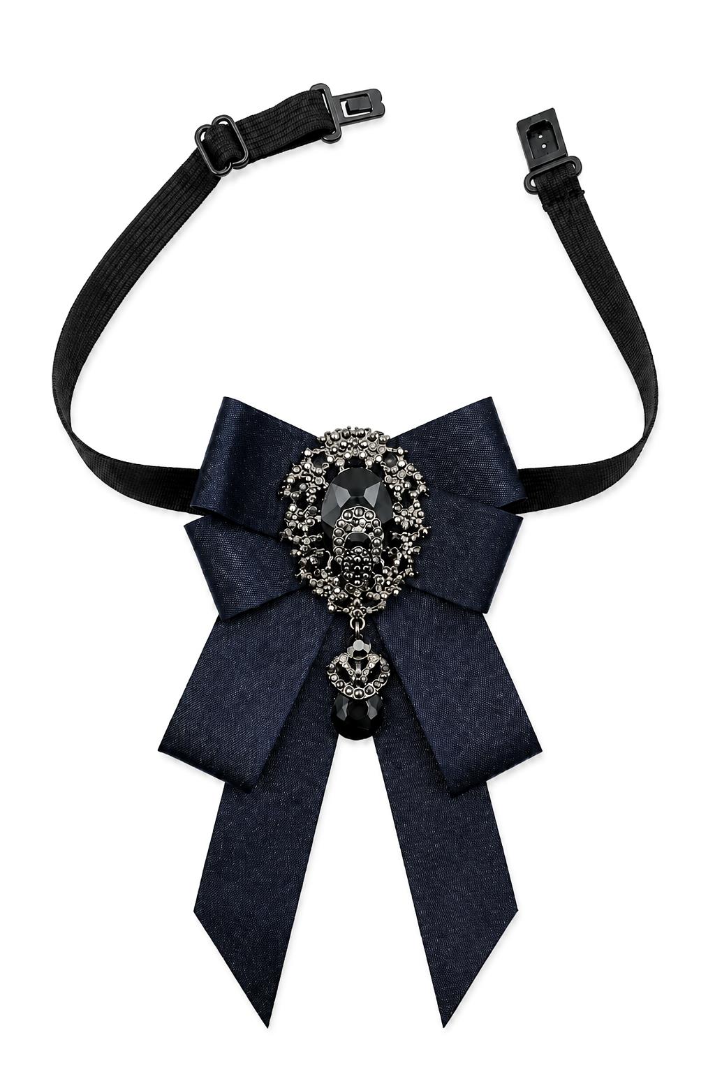 Men’s Navy Glitter Jewelled Short Wedding Ribbon Brooch Bow Tie