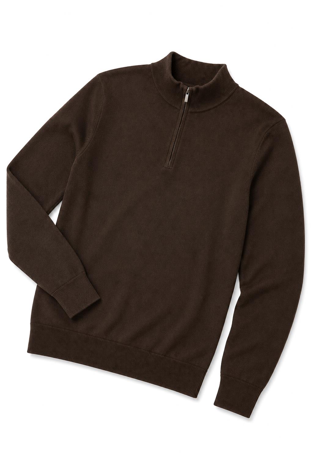 Men's Dark Brown 100% Cotton Fine Knit Quarter Zip Funnel Neck Jumper