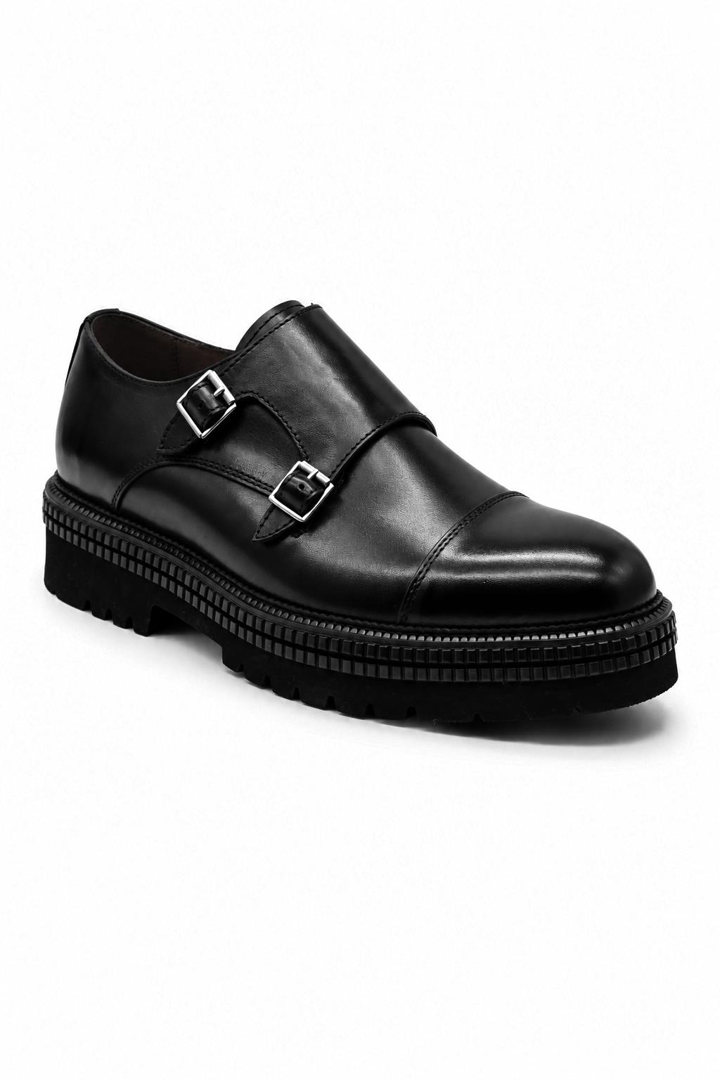 Men's Black Polished Leather Double Monk Strap Shoes - Chunky Sole