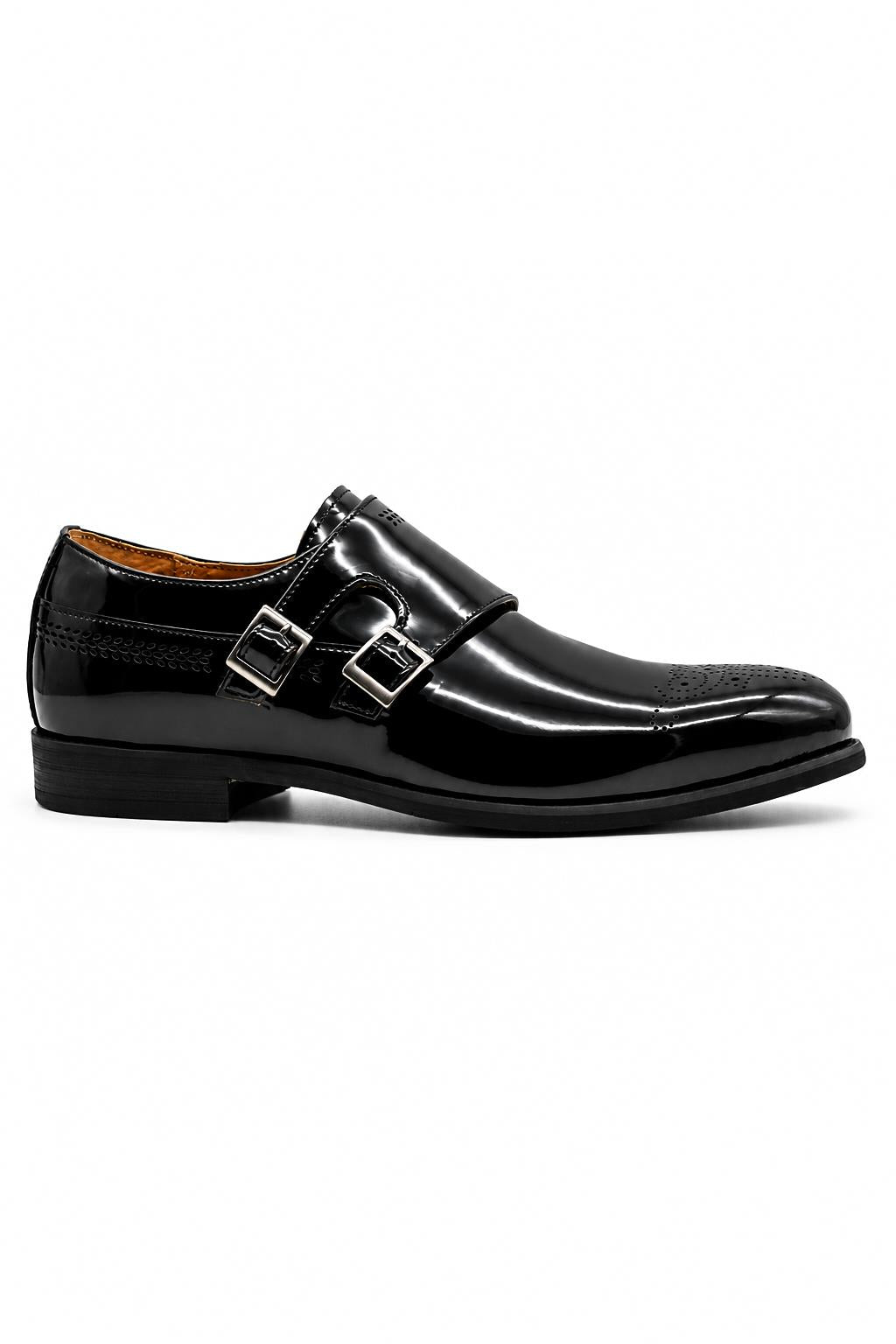 ROAN Men’s Black Hi-Shine Patent Leather Monk Dress Shoes