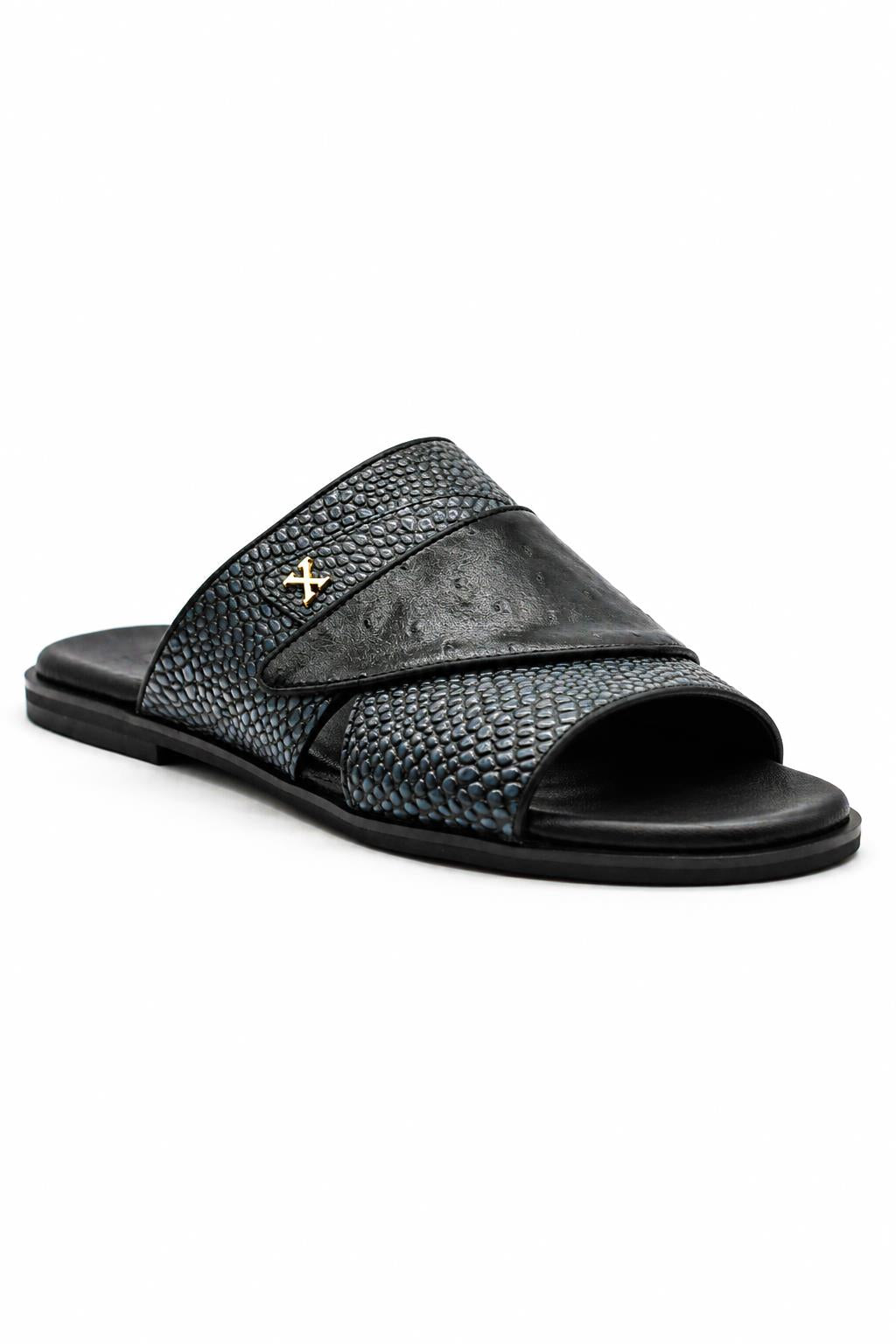 Men's Black & Grey Handmade Real Leather Open Front Slide Sandals