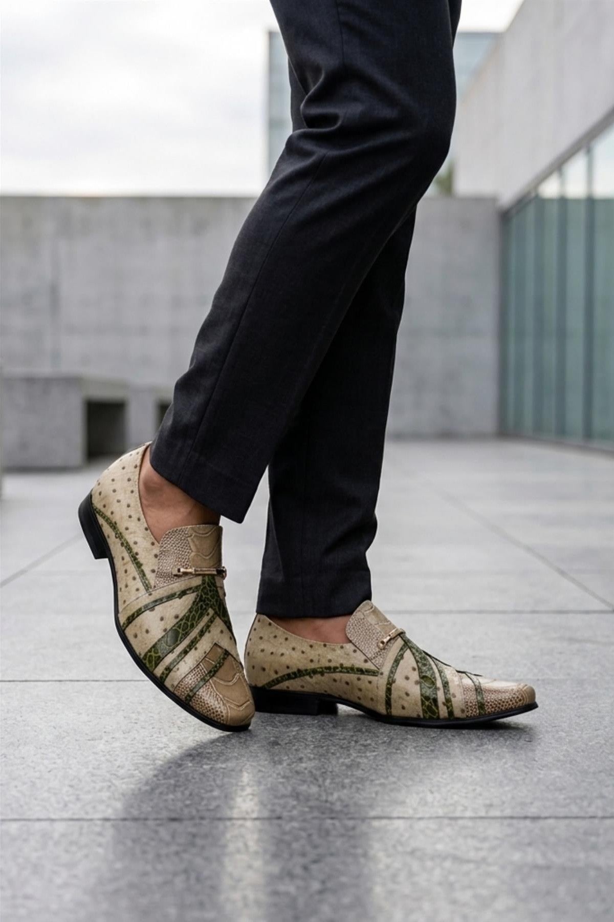 Men’s Cream & Green Snake-Effect Real Leather Loafers