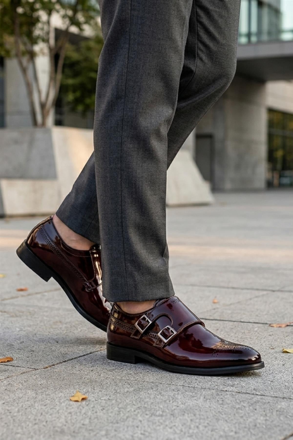 ROAN Men’s Maroon Glossy Patent Leather Monk Strap Dress Shoes