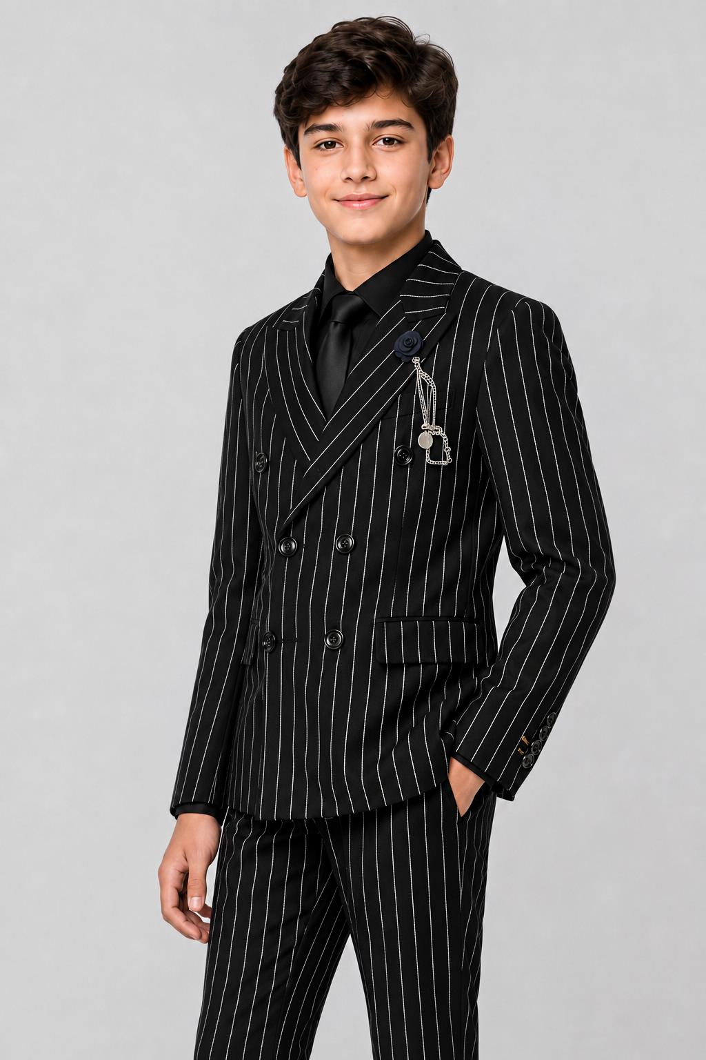 Boys Alfred Black & White Pinstripe Double Breasted 2 Piece Suit with Lapel Pin