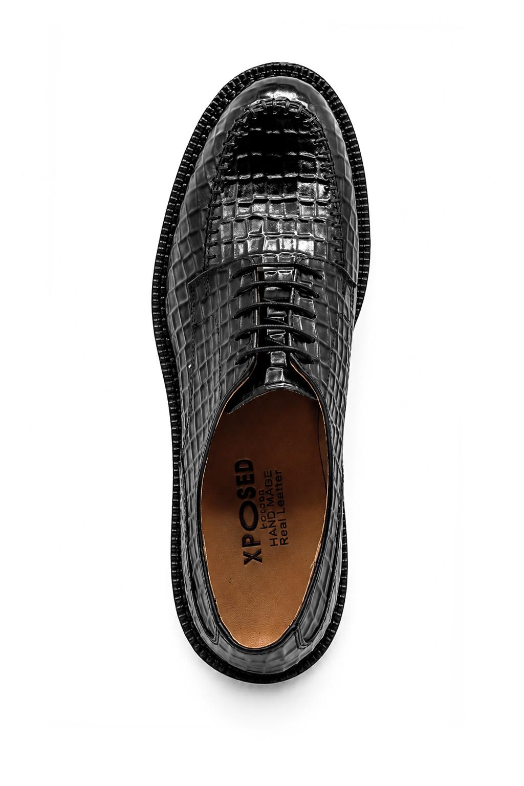 MARLOW Men’s Black Croc-Embossed Leather Moc-Toe Derby Shoes