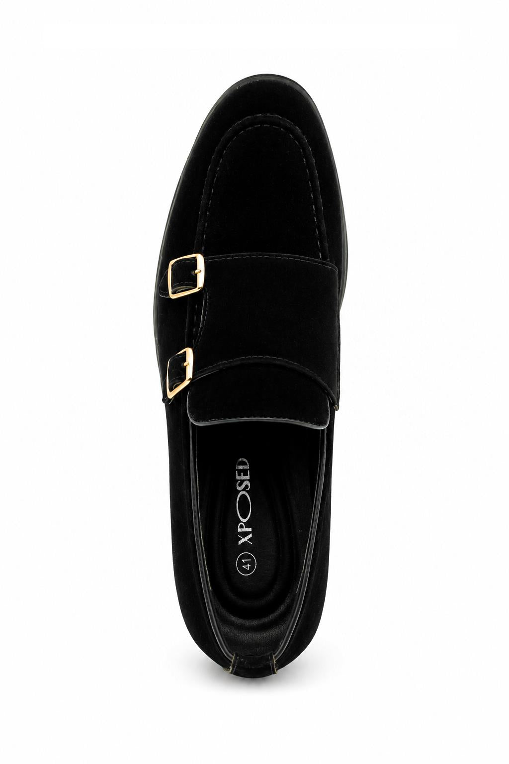 Men's Black Faux Suede Double Monk Strap Loafers