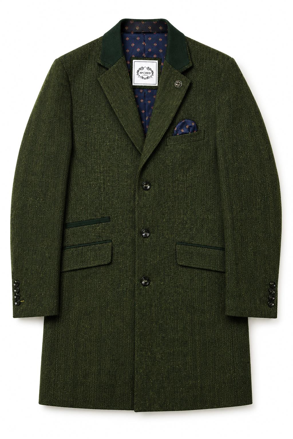 Men's Olive Green Herringbone Wool Blend Tailored Fit Overcoat