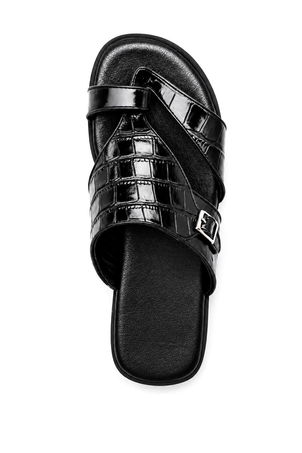 Men's Black Handmade Real Leather Croc-Effect Sandals