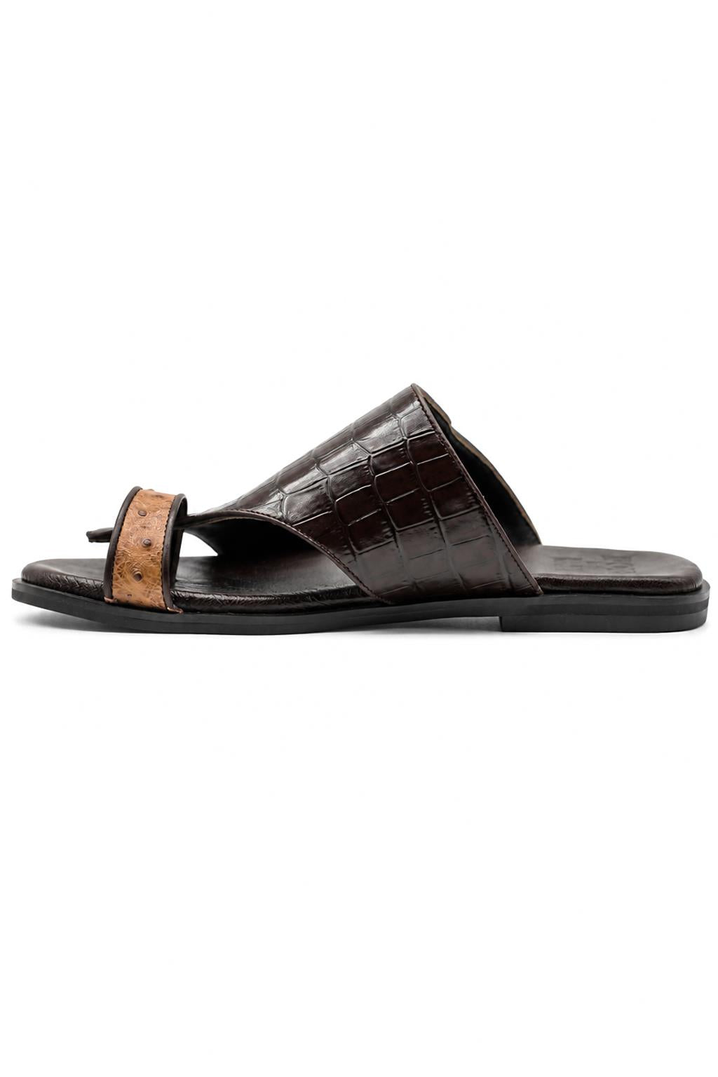Men's Brown Two-Tone Handmade Real Leather Croc Embossed Sandals
