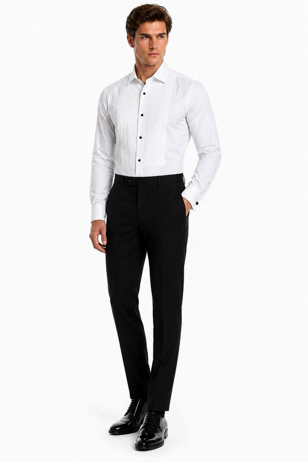 Men's White Pleated Front Tuxedo Shirt with Black Buttons & Pocket Square