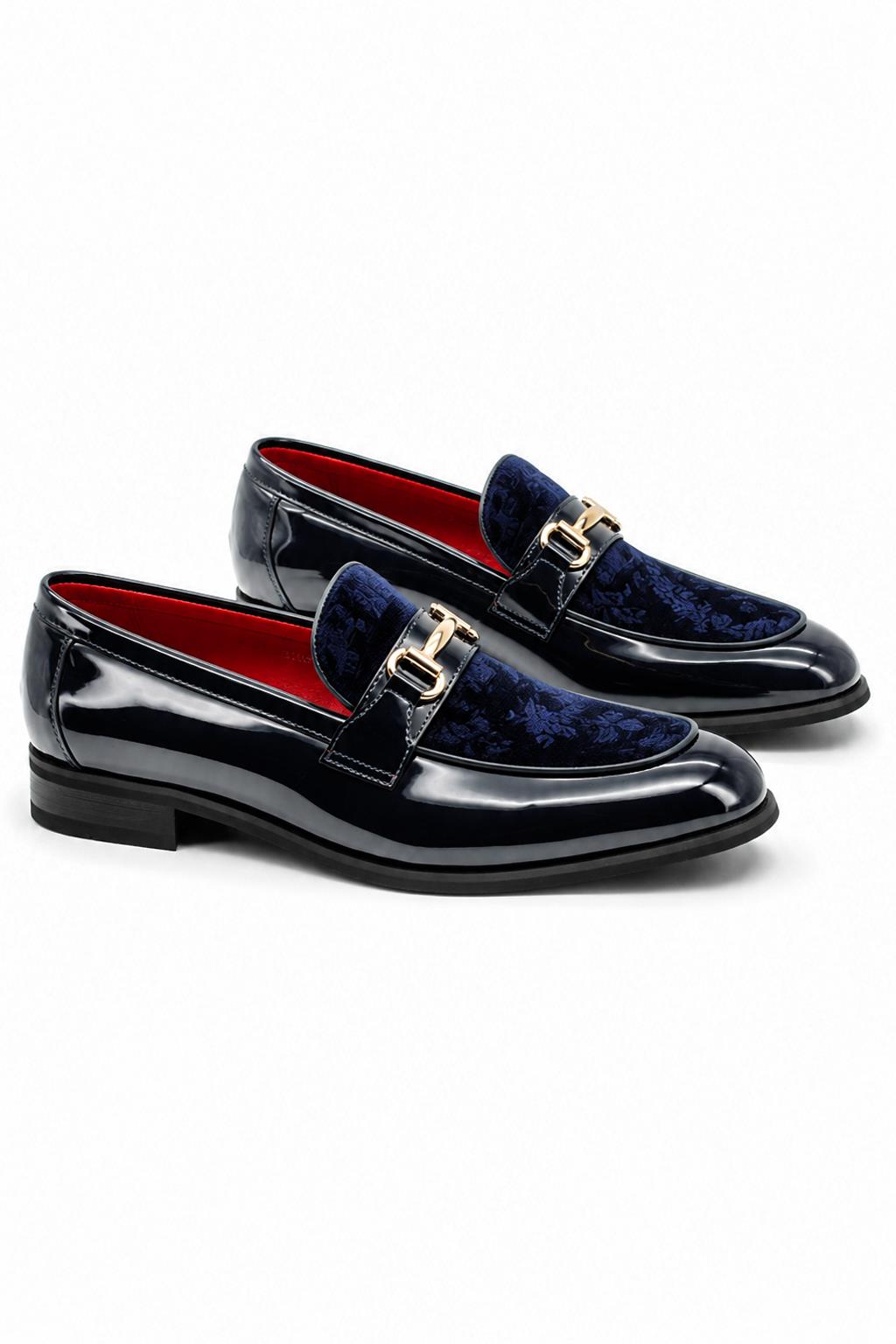 Men's Navy Floral Velvet Patent Snaffle Dress Loafers