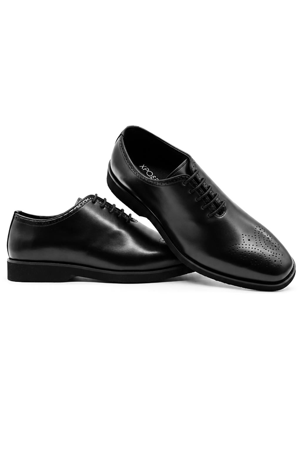 Men's Black Faux Leather Whole-Cut Oxford Brogue Shoes