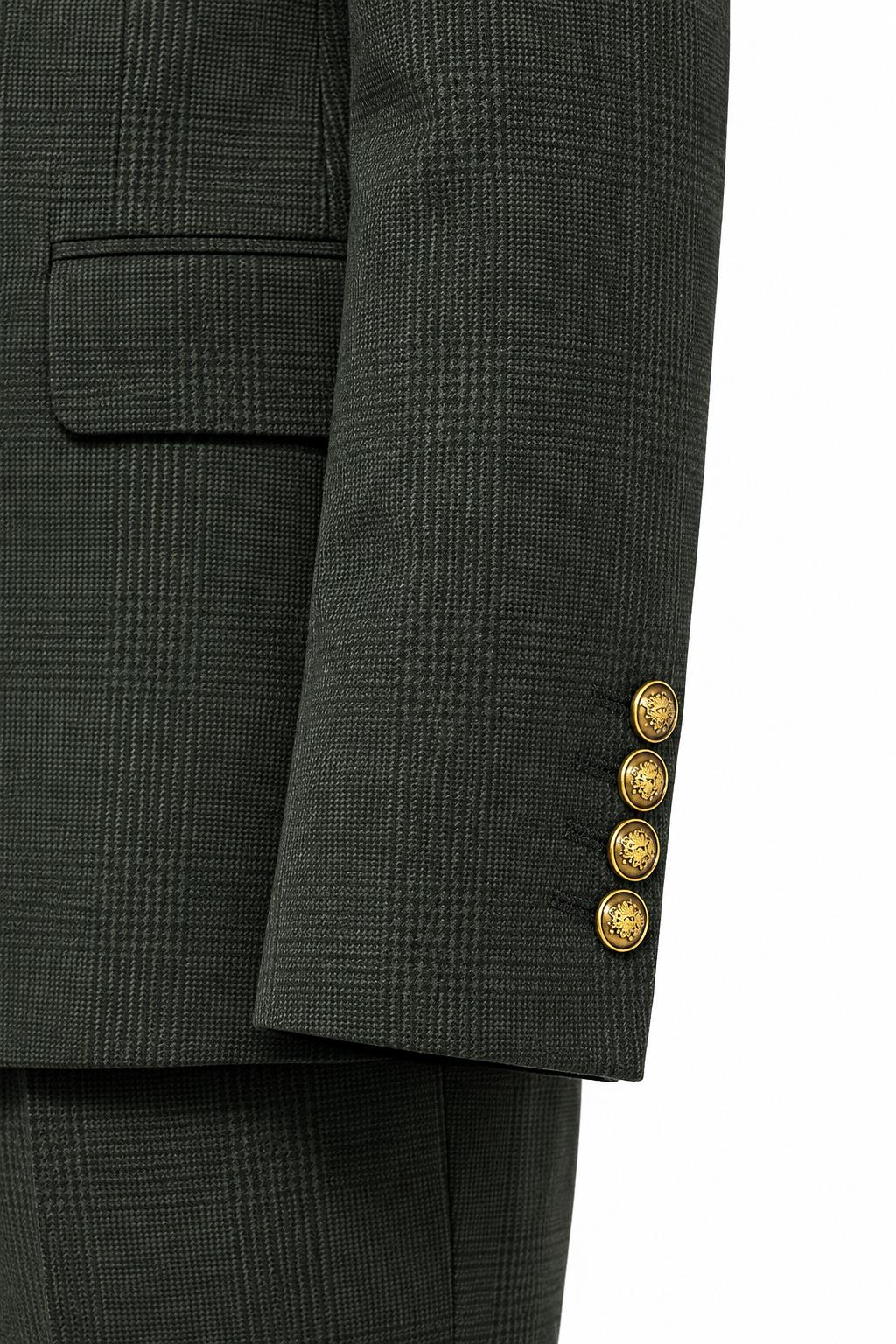 Boys Finley Olive Green Check Double Breasted 2 Piece Suit with Gold Buttons
