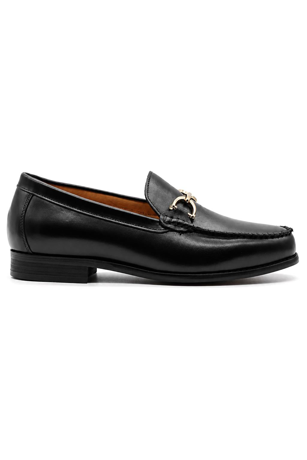 ARLO Men’s Black Polished Leather Gold Buckle Dress Loafers