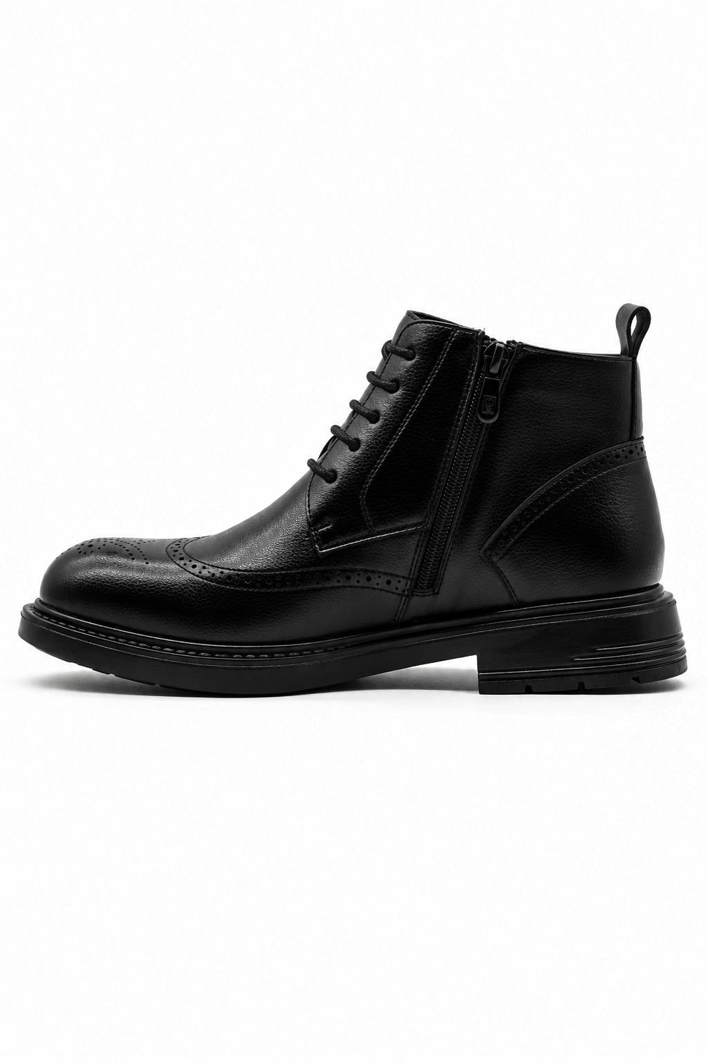 Men's Black Faux Leather Wingtip Brogue Boots